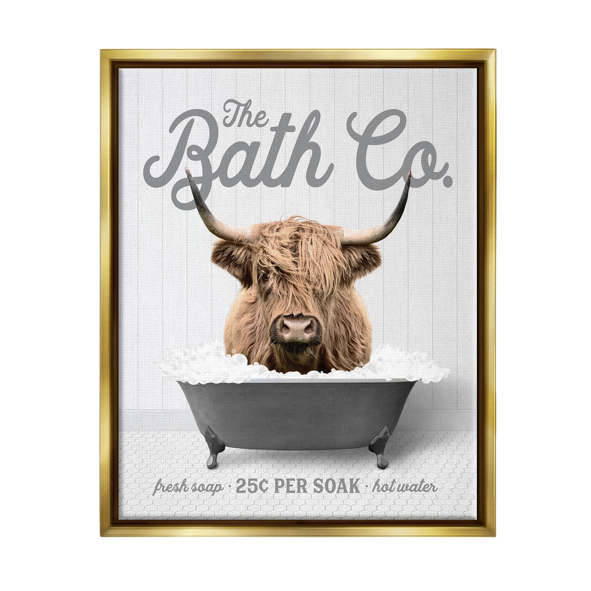 Stupell Highland Cow Bubble Bath Framed Floater Canvas Wall Art Design by Lettered and Lined