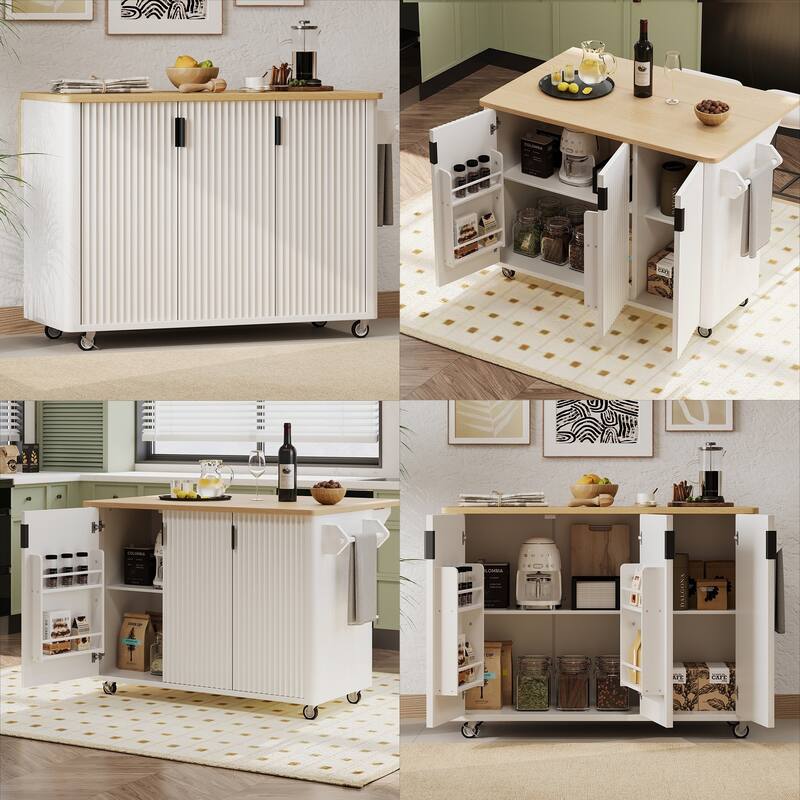 51.30'' Fluted Kitchen Island with Drop Leaf, Rolling Wheels, Internal Storage Rack, and Towel Rack - 51.3'' x 29.5'' x 36.4''