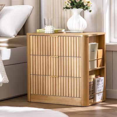 Fluted Nightstand Charging Station 3 Drawers Side Storage Shelves