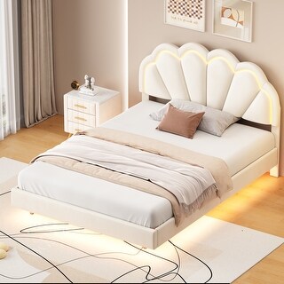 Beige Full Size Velvet Upholstered Floating Smart Led Platform Bed ...