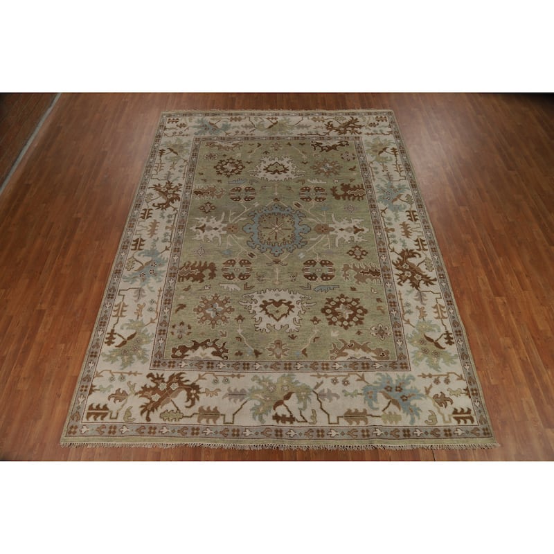 Light Green Oushak Indian Area Rug Handmade Wool Carpet - 9'0" x 11'11"