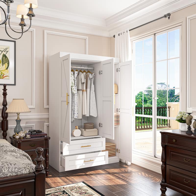 Classic Three-Door Wardrobe,Wood Bedroom Armoire with Hanging Rod and Shelves,Spacious Storage Closet,Modern Farmhouse Design
