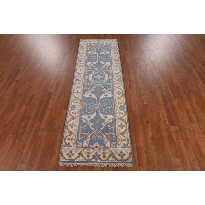 Light Blue Oushak Oriental Runner Rug Handmade Wool Carpet - 2'6" x 7'9"