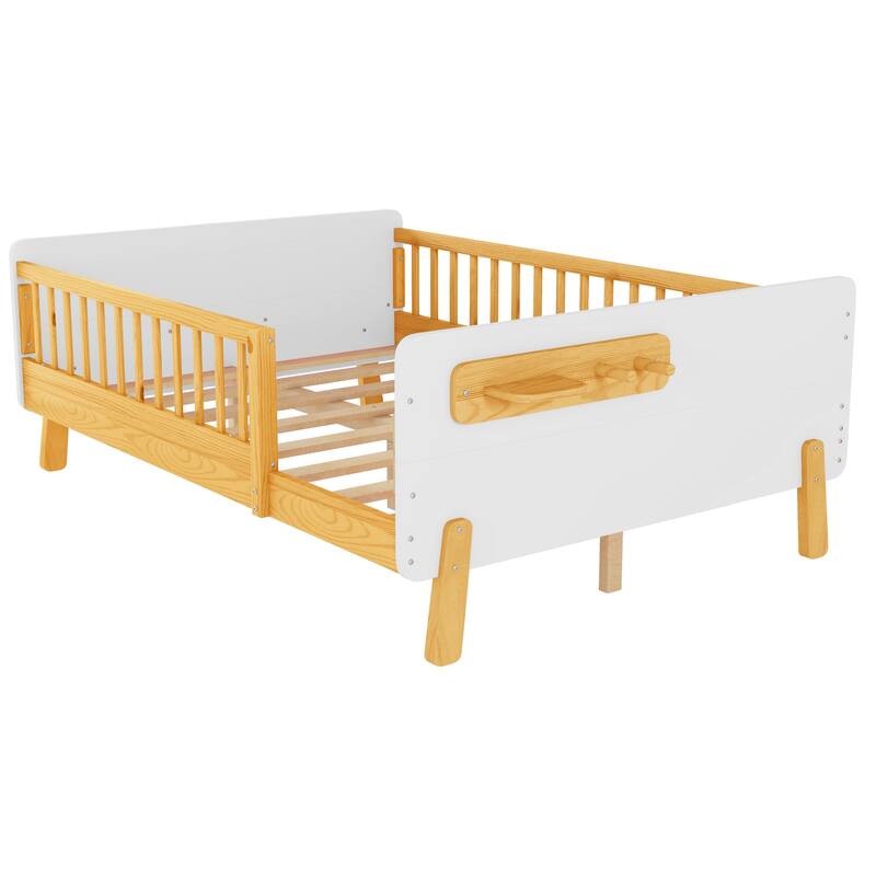 Kids Wood Platform Bed with Guardrails, Bottle Holder and 2 Hanging Rod, Convertible Toddler Daybed, Low Profile Design Frame