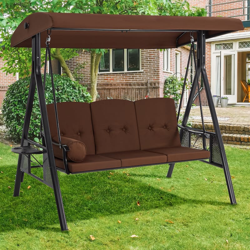 AECOJOY 3-Seat Porch Swing Chair, Patio Swing Chair w/ Cushions - Brown