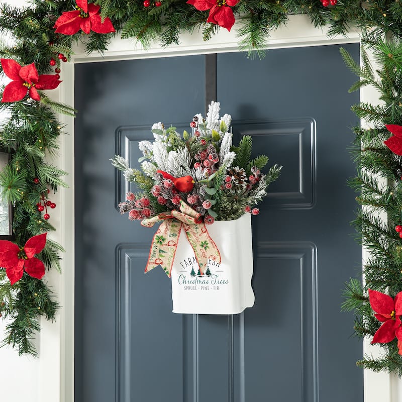 Glitzhome Artificial Christmas Flocked Pinecone Berry Teardrop Wreath Centerpiece