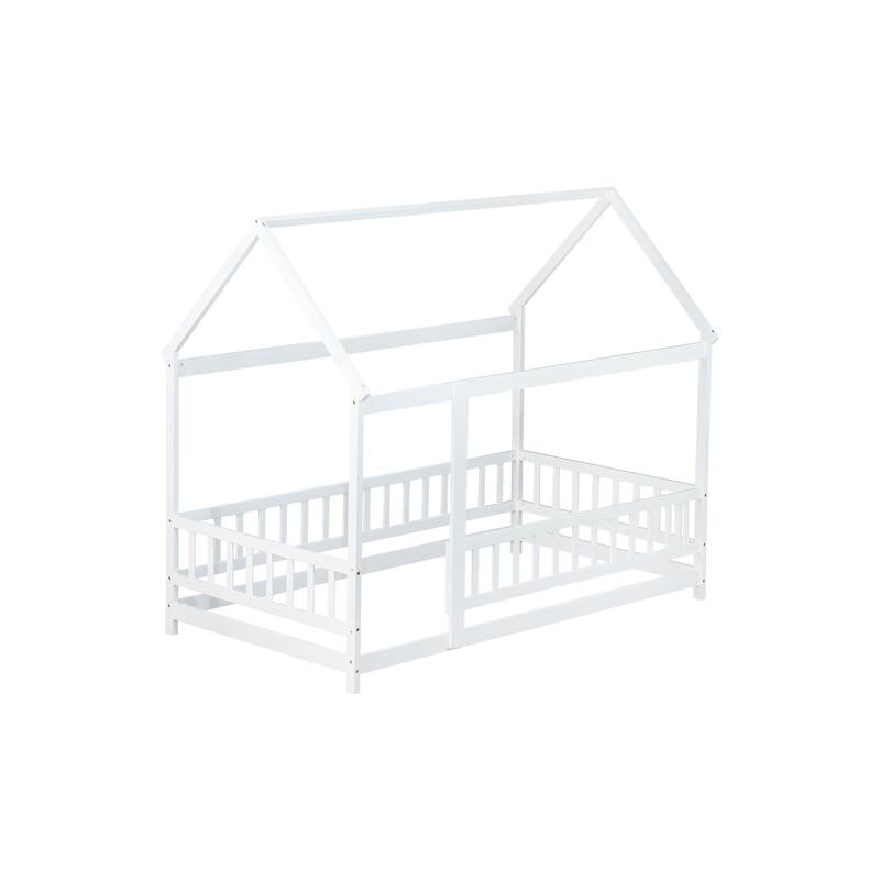 Twin Size House Floor Wooden Bed with Roof Frame,Safety Guardrails