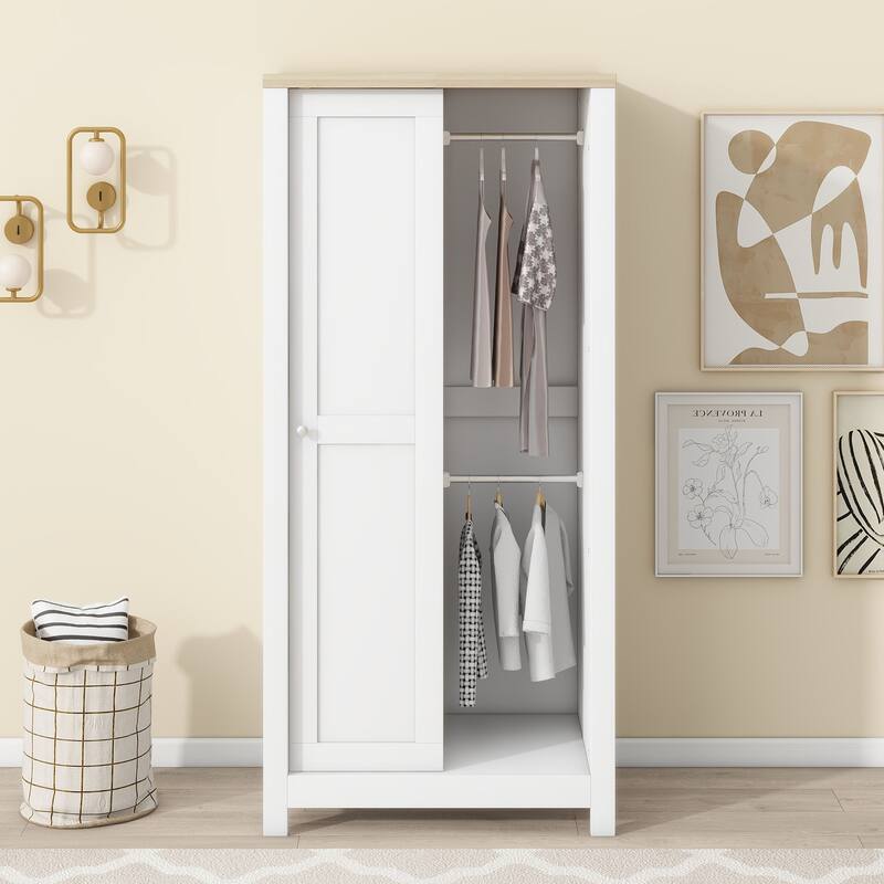 Bedroom Wardrobe Clothes Storage Cabinet Closet with Sliding Door, Wardrobe Armoires with Hanging Rods and 2 Drawers - White