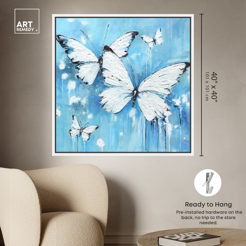 Art Remedy Textured Blue Butterflies Framed Butterfly 1 Piece Canvas Wall Art