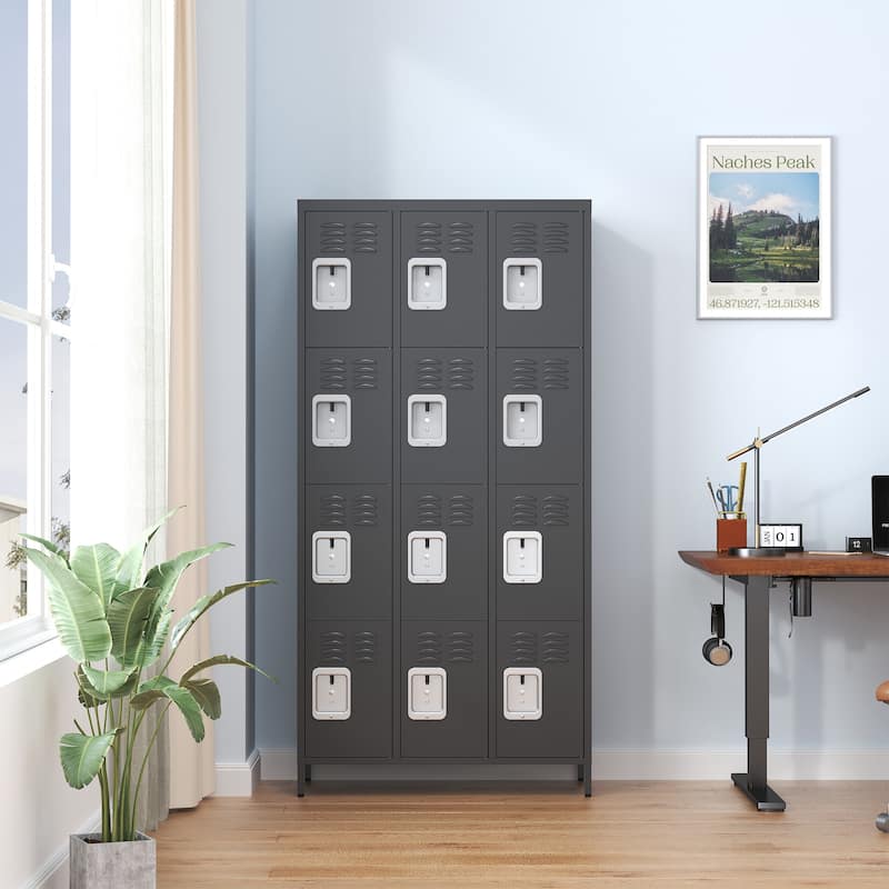 72"H Metal Lockers With 12 Door,Storage Cabinet With Lock for Employees,School,Gym - Black