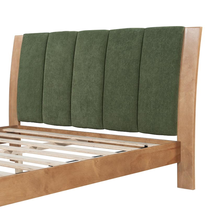 Mid-Century Modern Wood Platform Bed Frame with Upholstered Headboard, Wood Slat Support, No Box Spring Needed, Easy Assembly