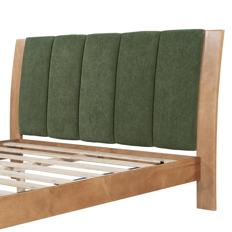 Pine Wood Bed Frame Mid Century Modern Platform Bed with Green Upholstered Headboard, Wood Slat Support Low Profile Wingback Bed