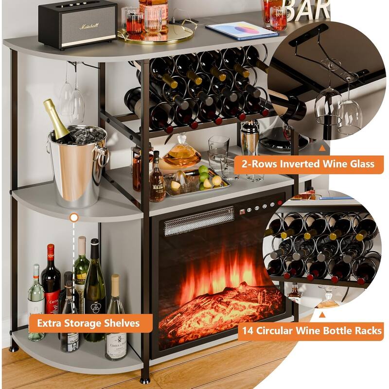 BOSSIN Wine Rack with Power Outlet and LED Lights, Home Bar Table Cabinet for Liquor with Fireplace,4-Tier Storage Glass Holder