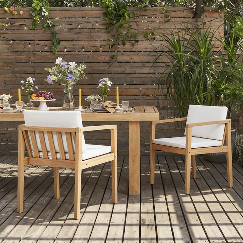 Christopher Knight Home - Outdoor Acacia Wood Upholstered Dining Chairs Set with Seat Cushions & Slatted Back, Teak Finish - Set of 2-Light Teak+Beige