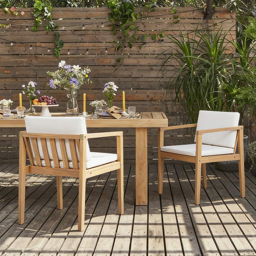 Christopher Knight Home - Outdoor Acacia Wood Upholstered Dining Chairs Set with Seat Cushions & Slatted Back, Teak Finish