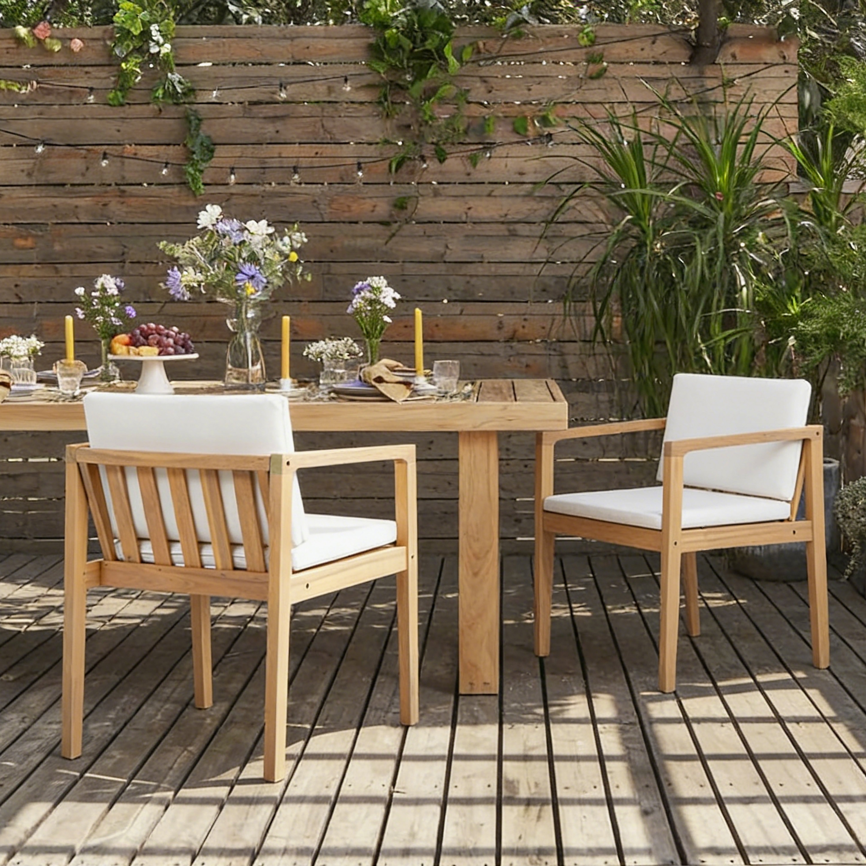 Christopher Knight Home - Outdoor Dining Chairs Set, Acacia Wood with Upholstered Seat Cushions & Slatted Back, Teak Finish