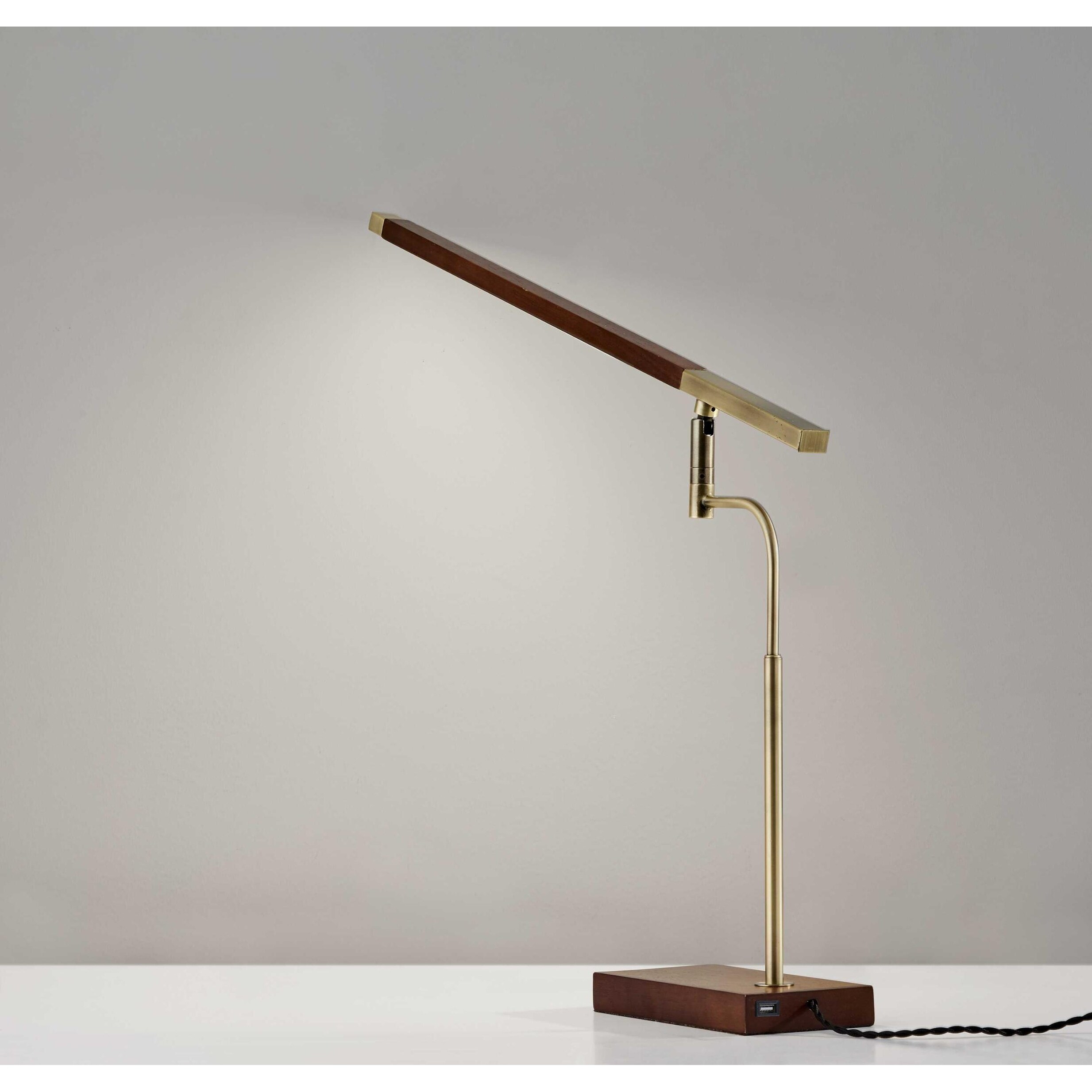 Walnut Wood Finish And Antique Brass Metal Adjustable Led Desk Lamp With Usb Port Walnut Wood Finish And Antique Brass Metal Adjustable Led Desk Lamp With Usb Port