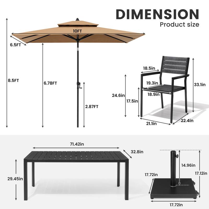 9/11-Piece Patio Dining Set Aluminum Dining Table and Chairs w/10 ft Market Umbrella and Base with Wheels