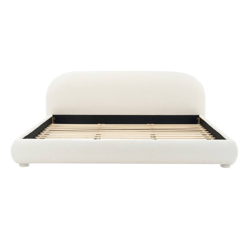 Modern Cream Fabric Upholstered Bed with Curved Headboard, King Size, Easy Assembly