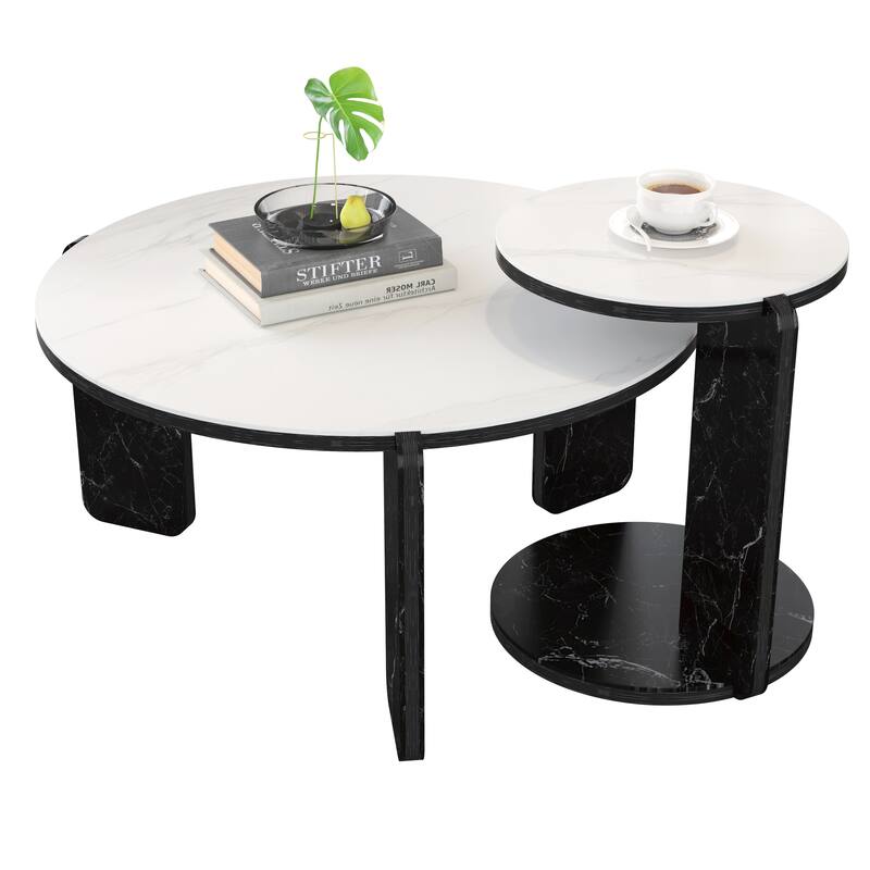 Round Nesting Coffee Table Set of 2, Sintered Stone Top Nesting Tables with Metal Frame, Modern Accent Side Table Set
