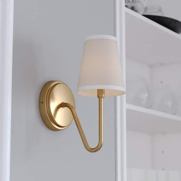 slide 2 of 10, Briar 1 Light Traditional Wall Sconce White Linen Shade Muted Brass - 5-in W x 13.25-in H x 8-in D
