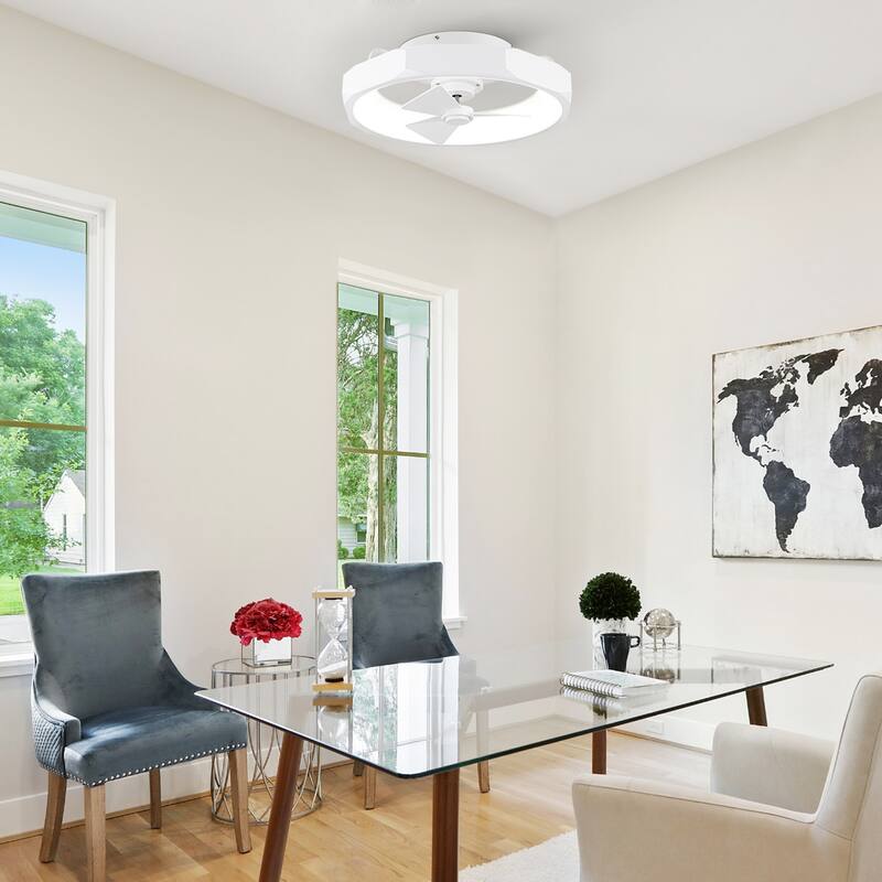 19" White Fandelier Modern Ultra Low Profile Ceiling Fan with Light and Remote