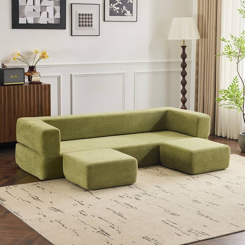 Convertible Sectional Sofa With 3 Storage Ottomans - High-Resilience Foam Sleeper, Space-Saving Chenille Floor Sofa