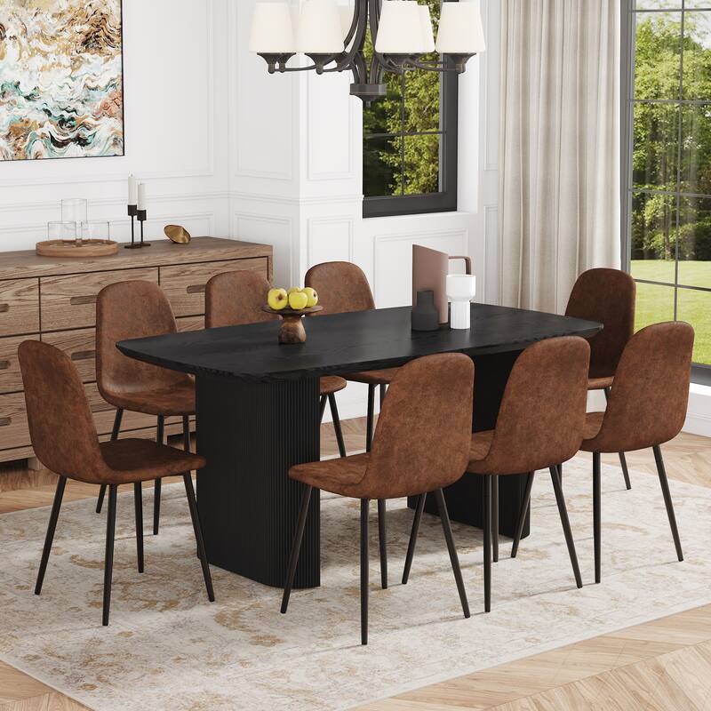 5/9-Piece Dining Table Set, 67" Wood Table with 6 Chairs, Fabric Brown Cushioned Seats, Kitchen Table and Chairs Set - Brown Black 9 Piece Set
