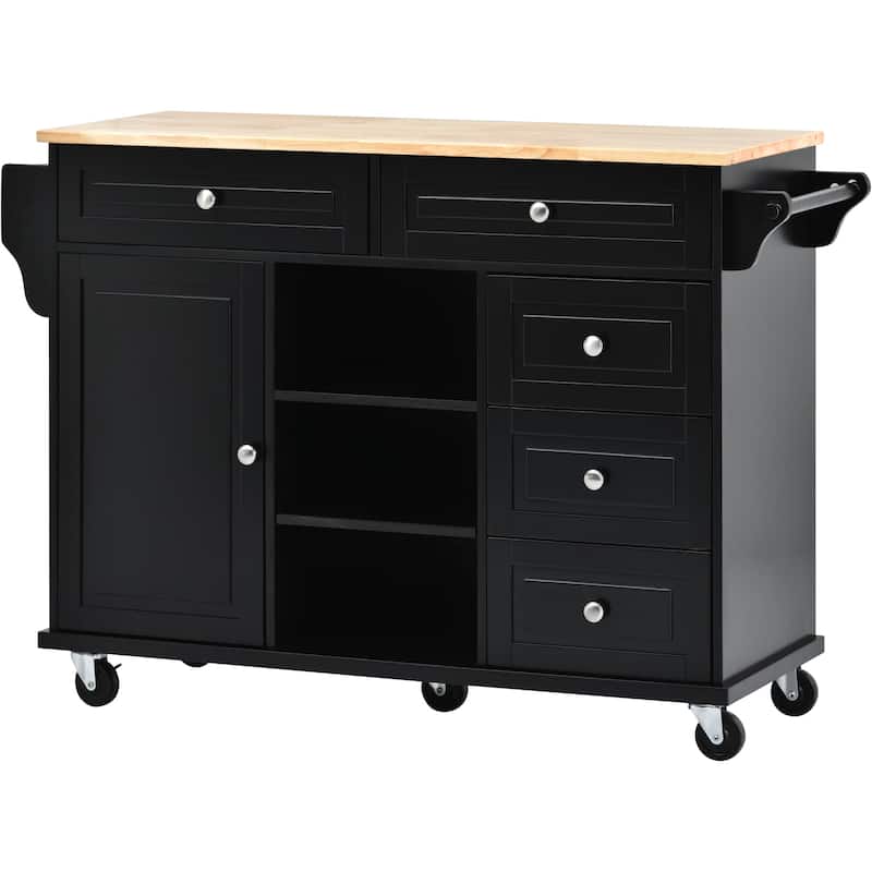 Kitchen Island with on Locking Wheels, Rolling Cart with Rubber Wood Desktop, Mobile Island with 3 Open Shelves & 5 Drawers
