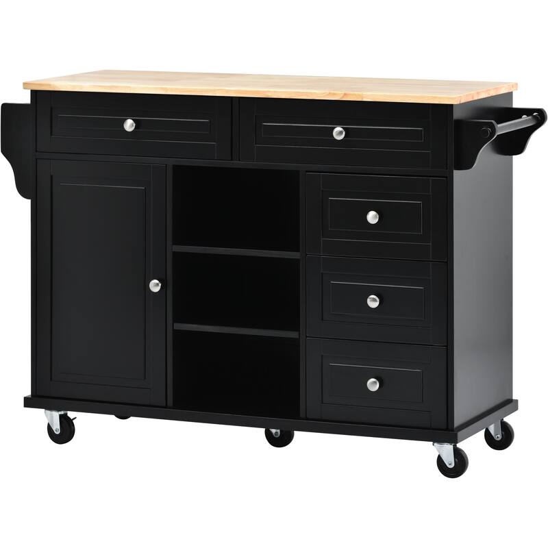 Rolling Kitchen Island Cart with Rubber Wood Top, 5 Drawers, Storage Cabinet & Adjustable Shelves - 53" Black