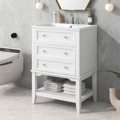 Roomfitters 24" Bathroom Vanity with Sink Storage Cabinet with Drawer and Open Shelf Solid Wood Frame, White