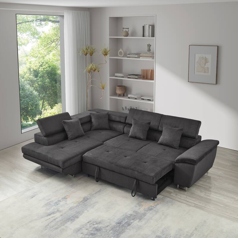 104.3" Pull Out Corduroy Sofa Bed with Storage Chaise