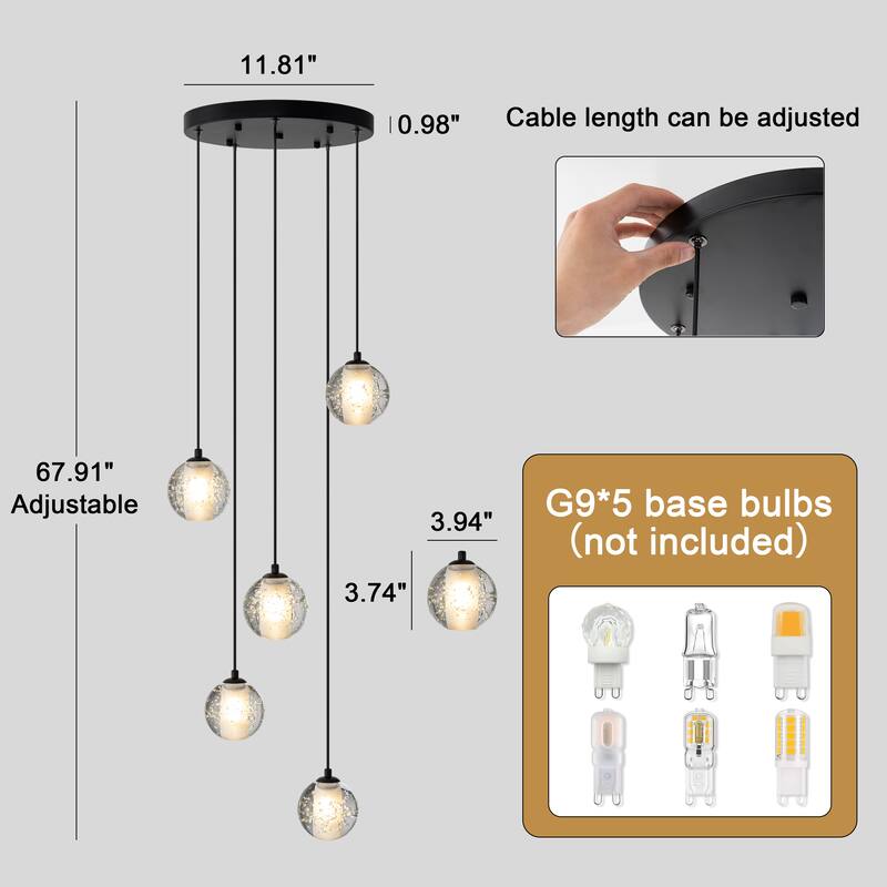 Starsky Modern 5-Light Cluster Globe Glass Chandelier Stair Entryway Cluster Light for High Ceiling - Black