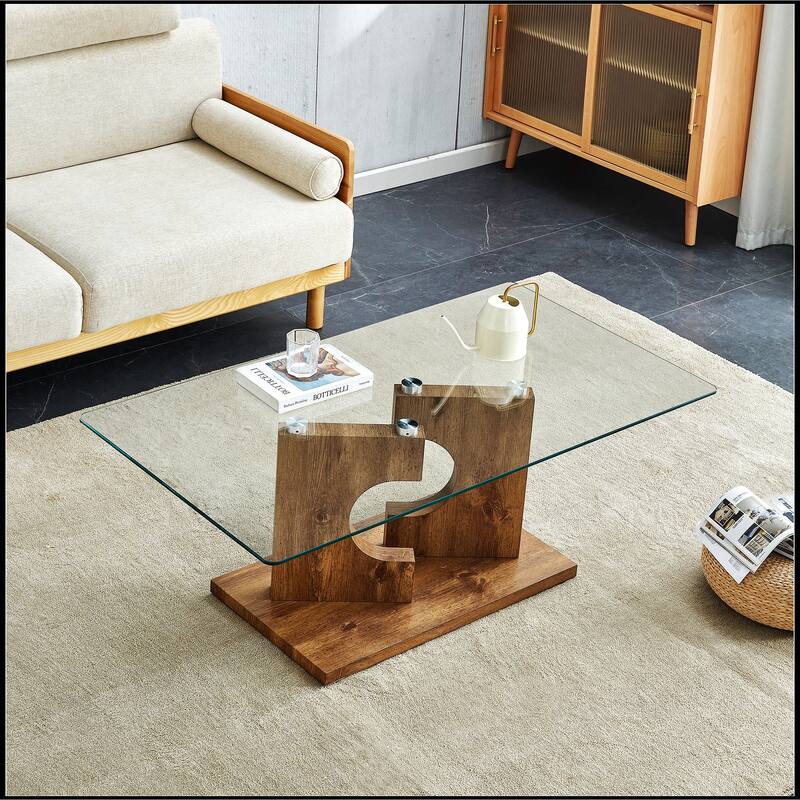 Rectangular Coffee Table with Tempered Glass Tabletop and White MDF Legs