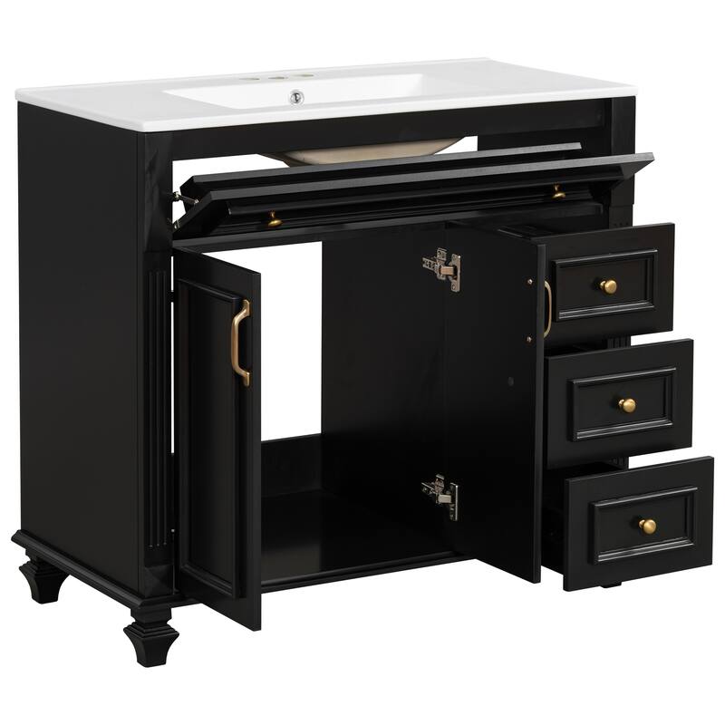 36" Bathroom Vanity with Sink,Vanity Cabinet with Flip-Out Drawer,3 Drawers, 2 Soft-Close Doors