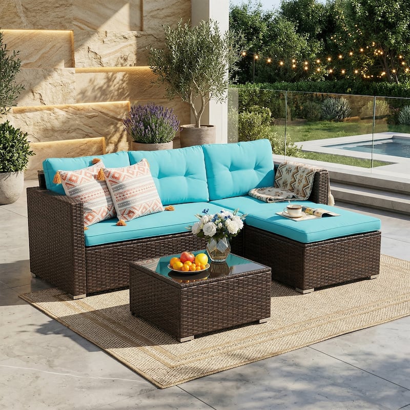 L-Shaped Outdoor Sectional Sofa, PE Wicker Patio Sofa Set with Table and Cushions - Turquoise