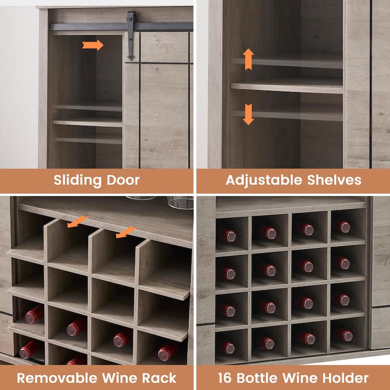 Farmhouse 47'' Wine Bar Cabinet Buffet Sideboard Cabinet with 16 Bottle Wine Rack - 15.7"D x 47.2"W x 34.61"H