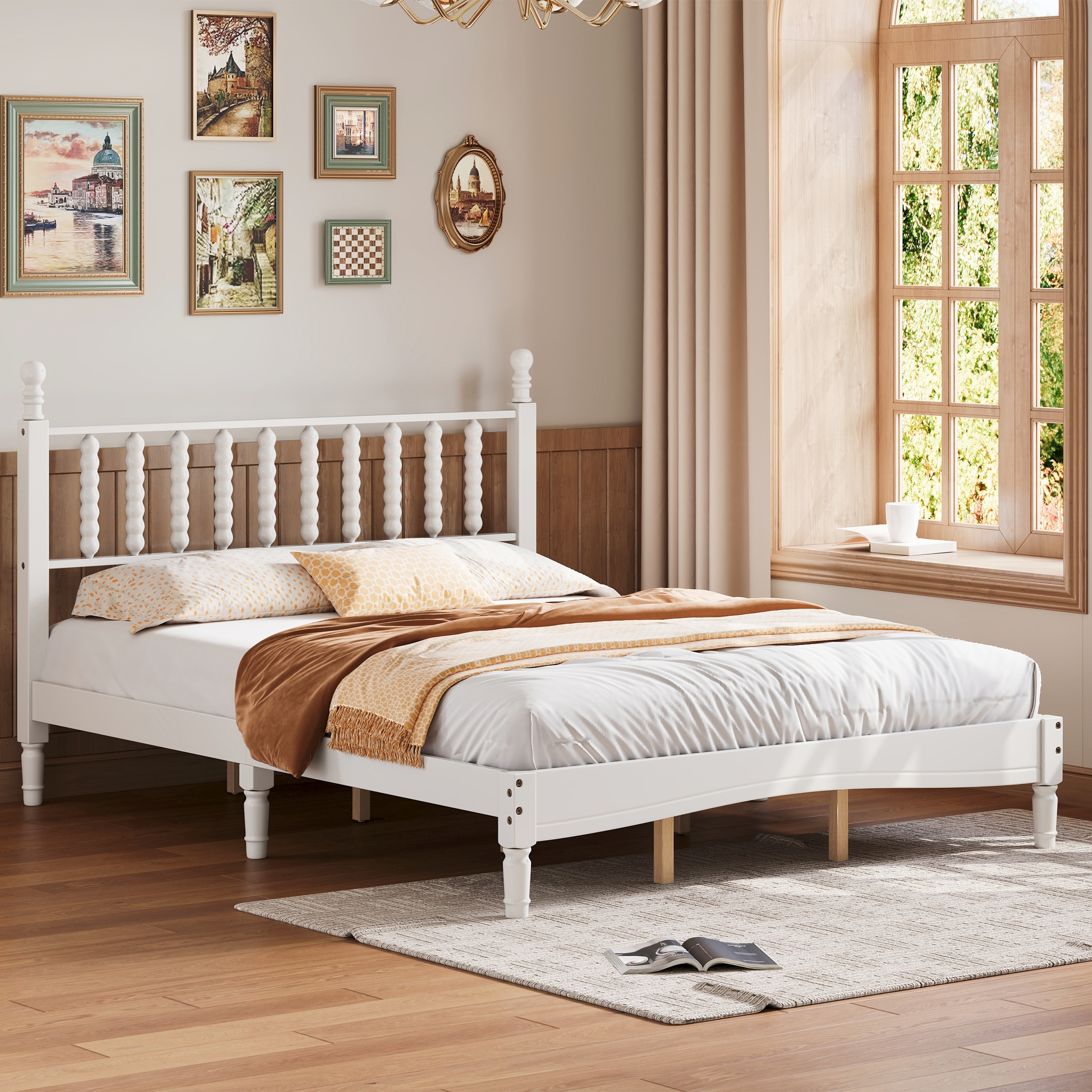 Queen Size Wood Platform Bed with Gourd Shaped Headboard, Retro Style Platform Bed with Wooden Slat Support, White