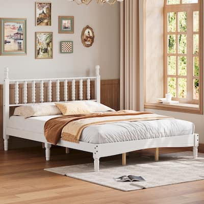Wooden Platform Bed Frame with Gourd Shaped Headboard, Solid Wood Bed for Bedroom, No Box Spring Needed, Easy Assembly