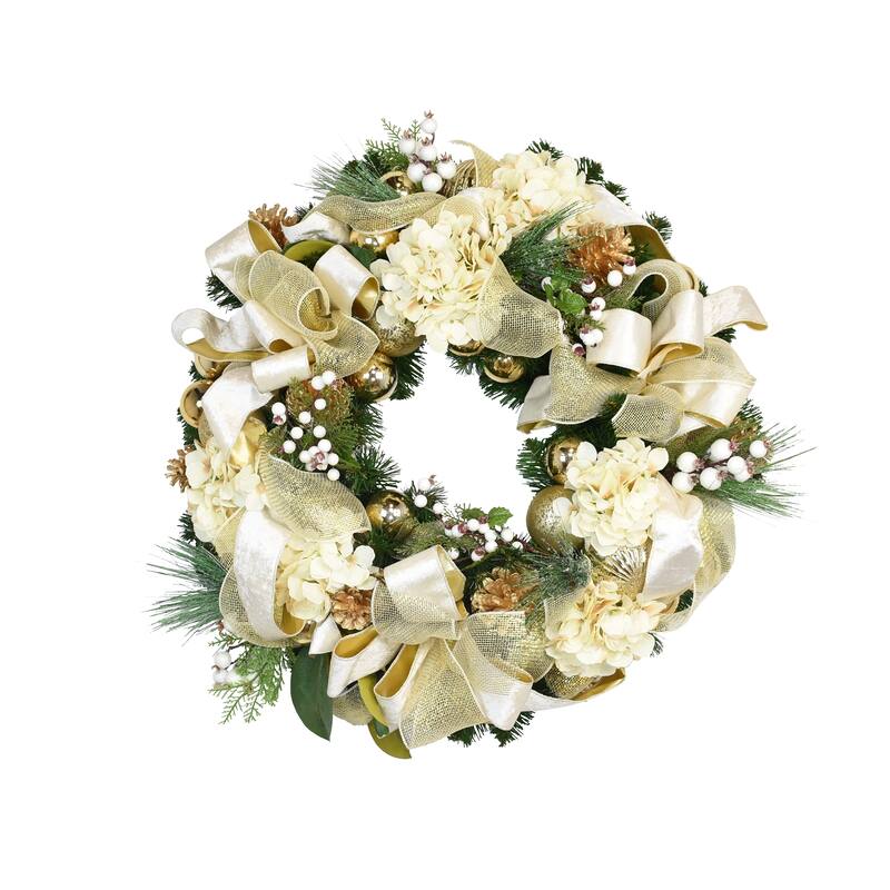 Holiday Bundle with 9' Decorated Garland and 32" Hydrangea Wreath - Cream, Gold - 32Hx32Wx9D, 10Hx8Wx108D