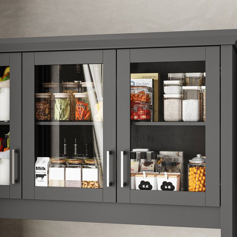 Grey Kitchen Cabinet: Ample Storage with Glass - door Display and Drawers Pantry Buffet