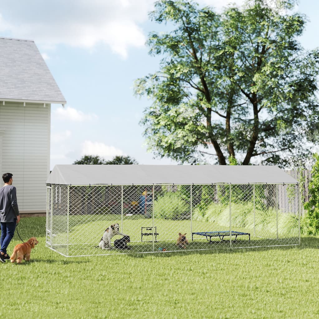 PawHut Outdoor Dog Kennel with Roof, Chain Link Dog Run with Waterproof Cover, Double Locks, 20' x 7.5' x 6.5'