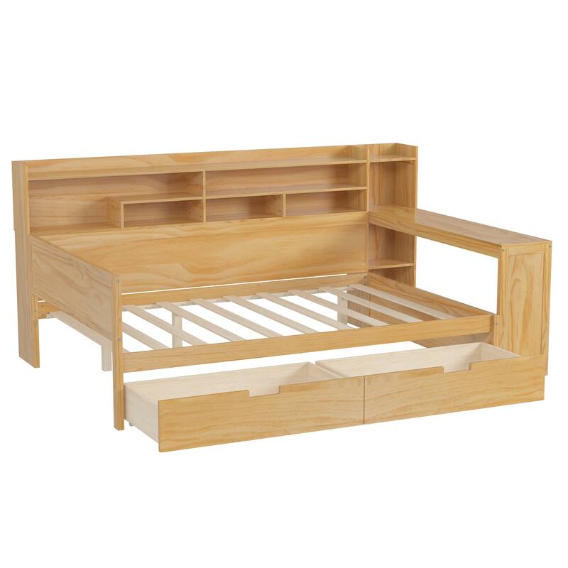 Wooden Full Daybed with Storage Shelves, Multi-functional Bed with Two Storage Drawers and Study Desk