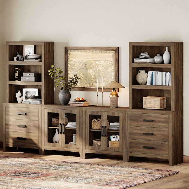 WAMPAT Farmhouse Entertainment Center with Bookshelves, Modular TV Stand with Drawers & Glass Doors - 126"W x 72.2"H x 15.4"D - Brown