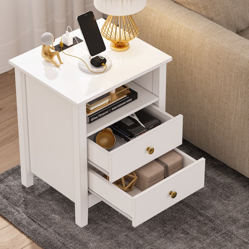 Moasis Modern LED Nightstand Set of 2 with Drawer and Storage Shelf, Bedside Table with Charging Station