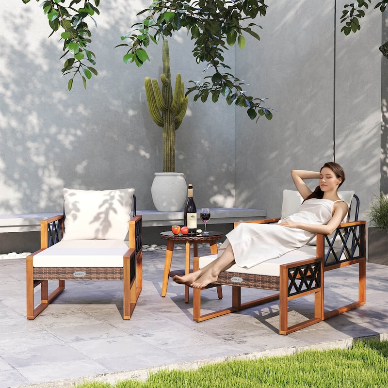 Costway 5 PCS PE Rattan Outdoor Conversation Set with Acacia Wood - See Details - Mix Brown+Off White - See Details