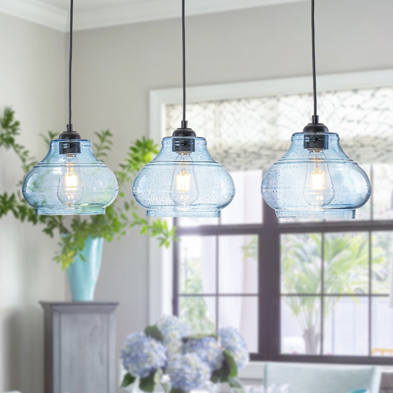 3-Light Kitchen Linear Island Pendant Light Seeded Blue Glass Shades - L 33.86inch