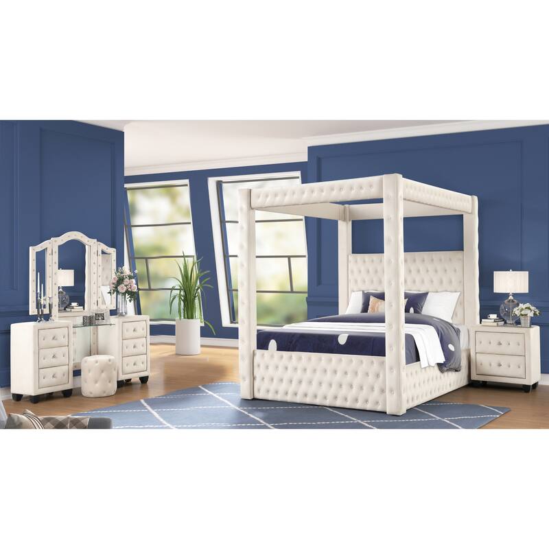 Monica Modern Style Crystal Tufted 4PC/5PC Vanity Bedroom Set Made with Wood - Cream - Queen - 4 Piece