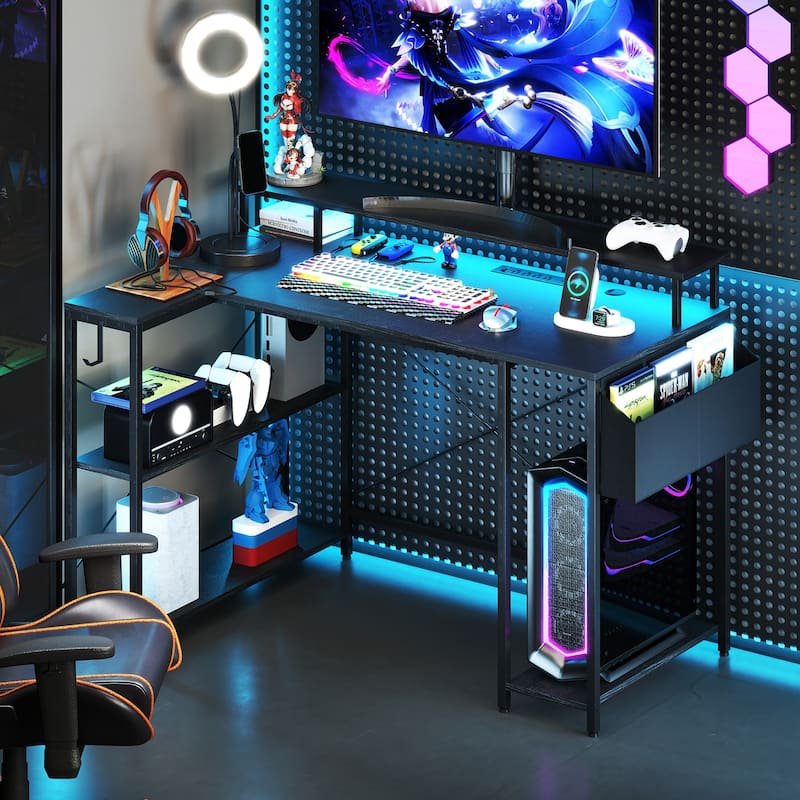48 Inch L Shaped Computer Desk with LED Lights Gaming Workstation with Monitor Stand Storage