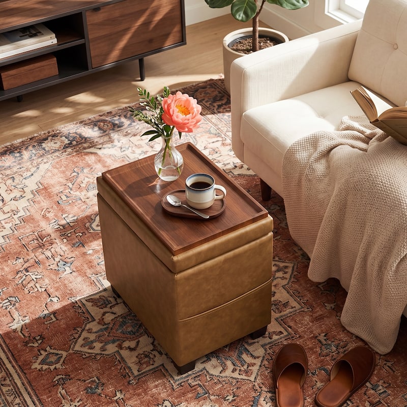 Adeco 16" W Upholstered Rectangle Storage Ottoman with Tray and Pocket - Dark-Brown-Faux-Leather